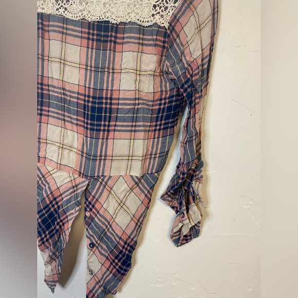 Floral plaid button down top with crochet details in small - Picture 10 of 12